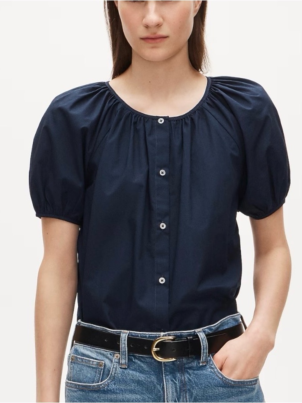 Talbots Navy Puff-Sleeve Button Down Top